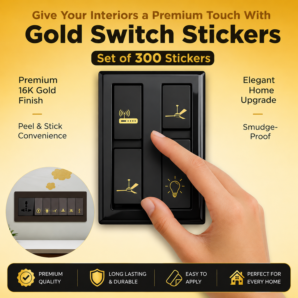 Close up of black and gold decorative stickers applied to a home light switch