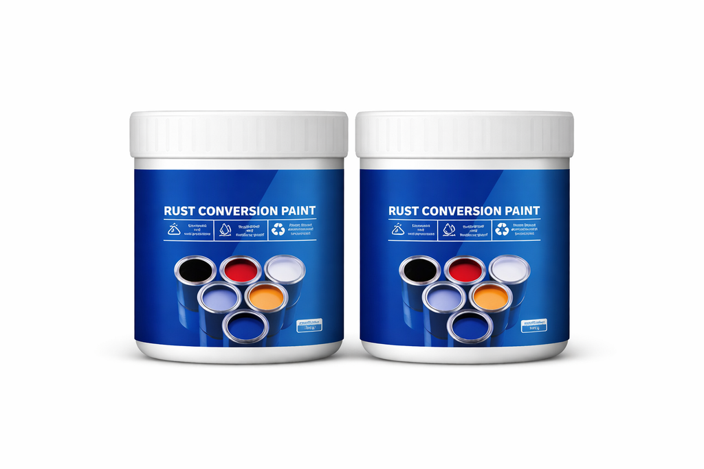 Two containers of rust converter paint for metal maintenance