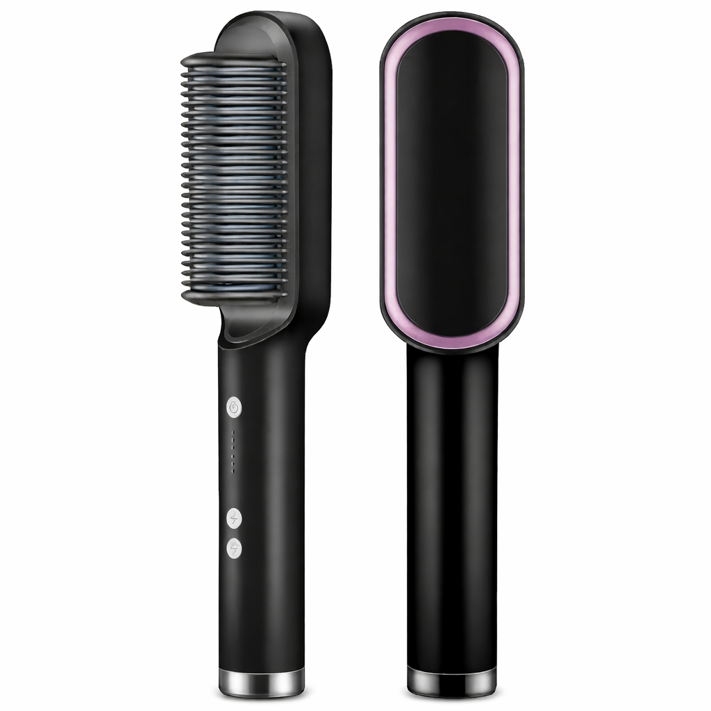 A handheld electric hair straightening comb with a ceramic heating surface.