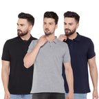 Three men's polo shirts folded and stacked, made of polyester fabric.