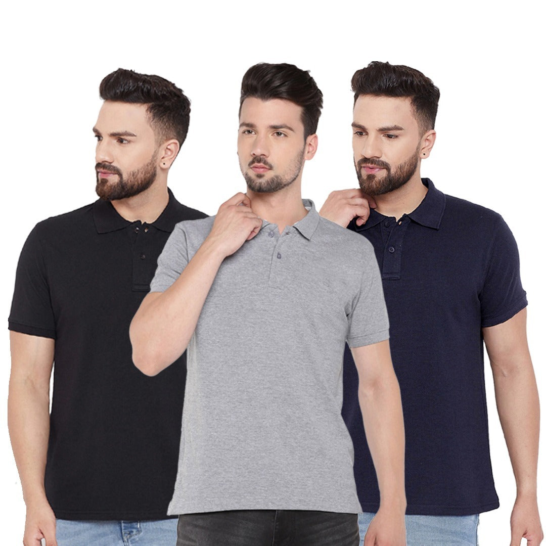 Three men's polo shirts folded and stacked, made of polyester fabric.