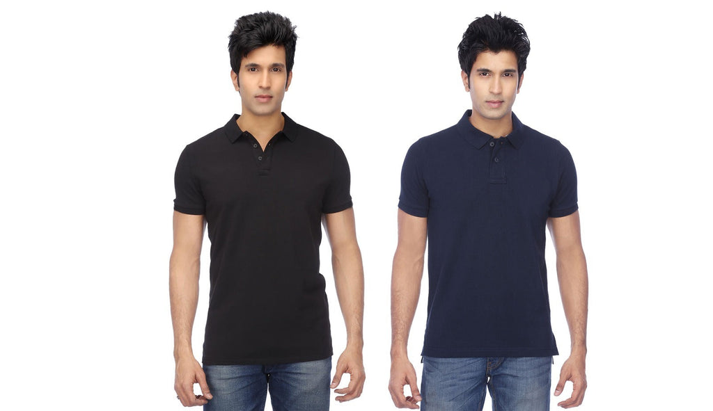 A pack of two polyester polo t-shirts in assorted colors folded neatly