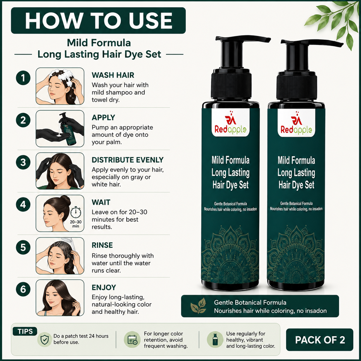 Red Apple Mild Formula Long-Lasting Hair Dye Set, 100ml