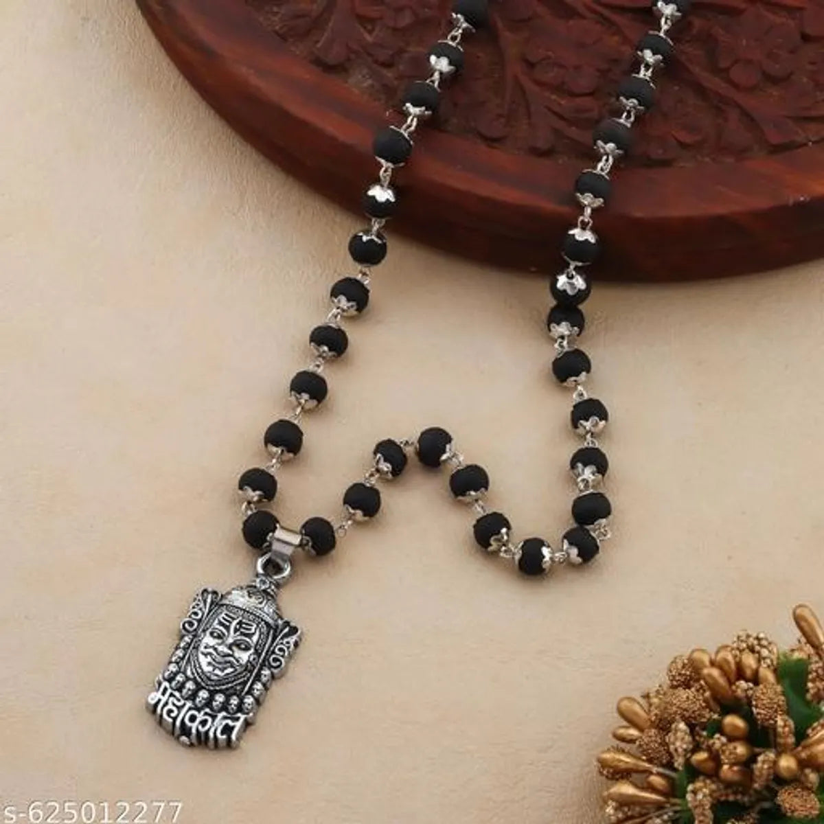BhartYug Karanguli mala necklace with a central Mahakal pendant and metal caps