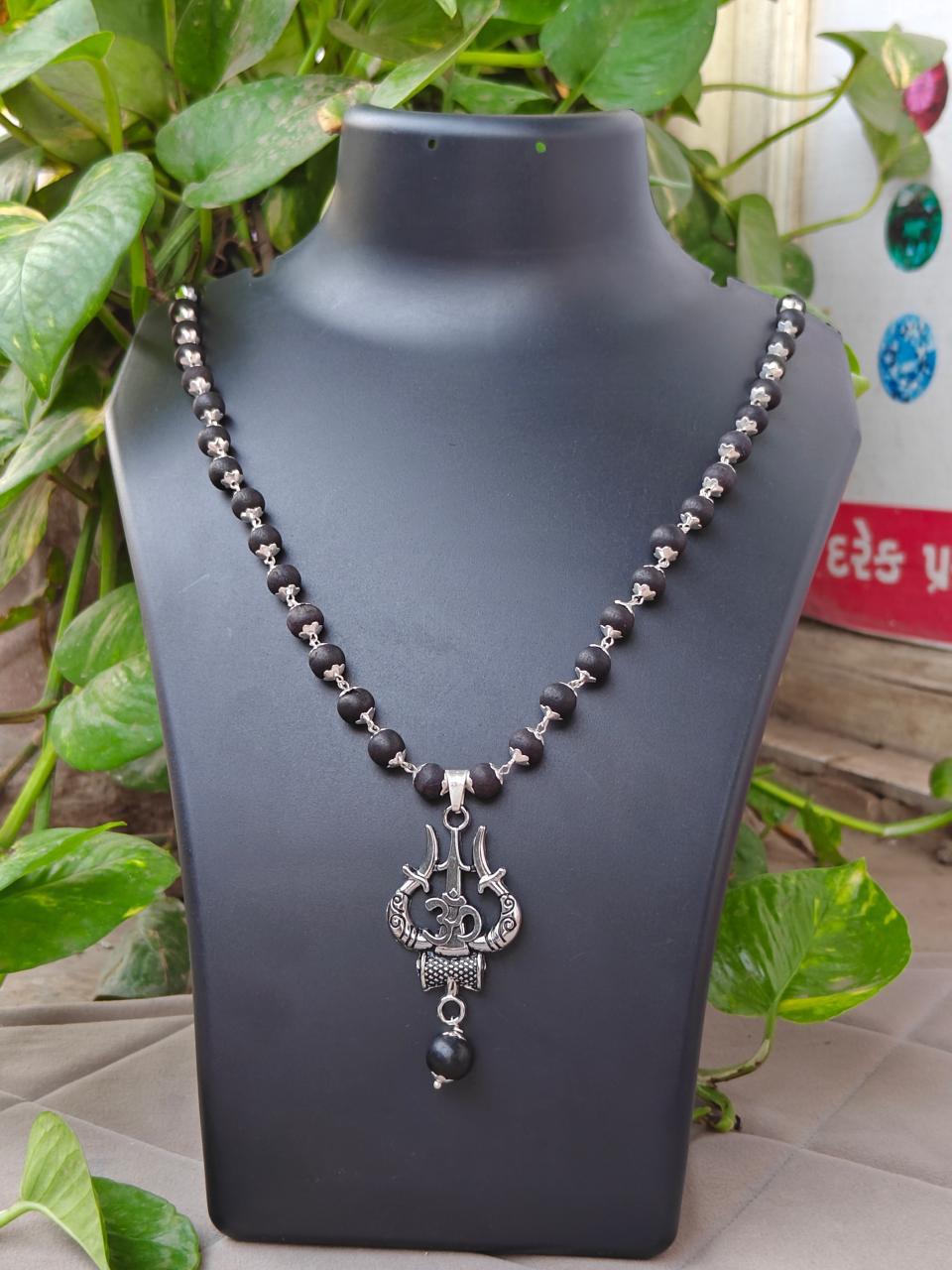 BharatYug OM Shiva Trishool Karungali Mala with dark wood beads and a metal Trishool pendant