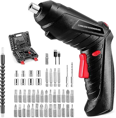 Cordless electric screwdriver kit with 47 interchangeable bits in a plastic case