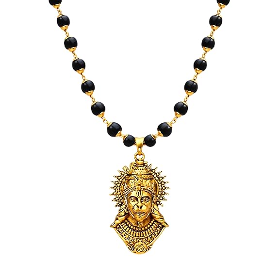 BharatYug Bajrangbali necklace featuring dark Karungali wood beads and metallic brass spacers