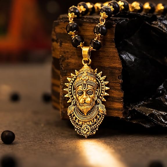 BharatYug Bajrangbali Karungali Wood Necklace with Brass Beads