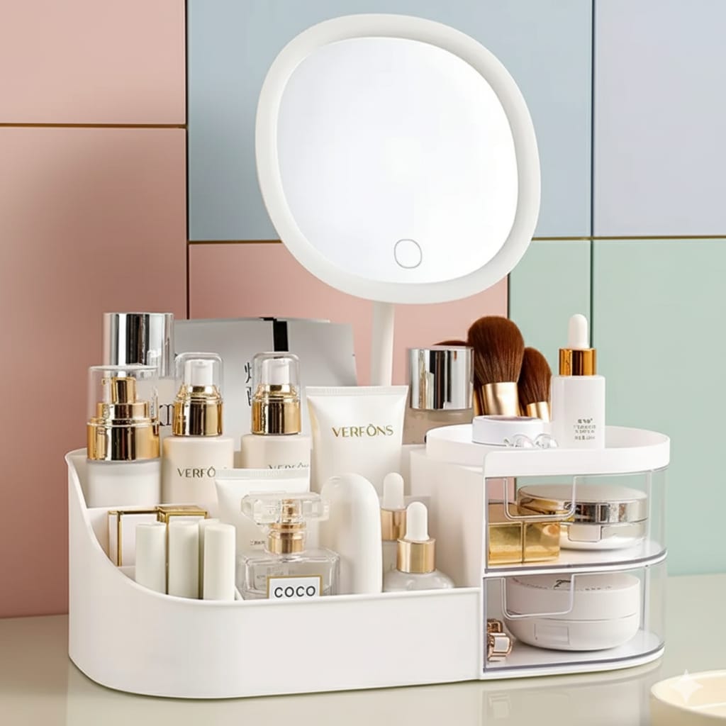 Multicolor 360-degree rotating plastic cosmetic organizer on a white background