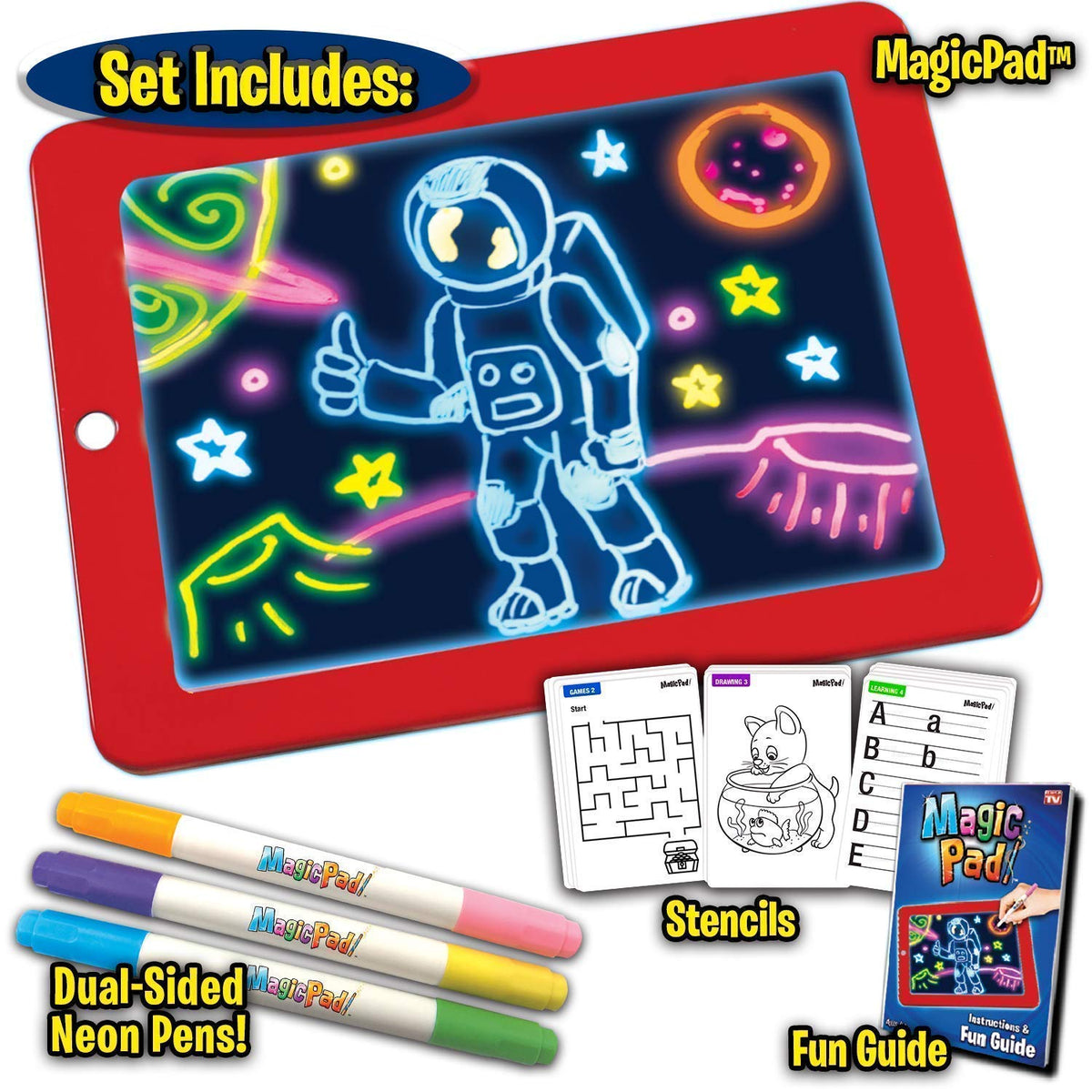 Kids magic light up drawing pad with colorful glowing surface and stylus pen