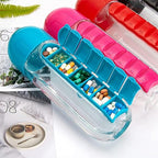 A multi-compartment pill organizer water bottle in a random colour
