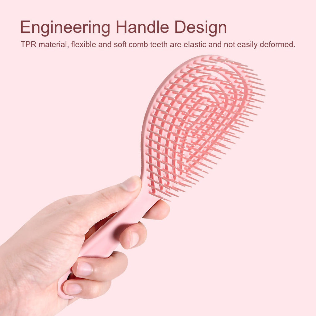 A multicolored 3D hollow hair brush with flexible bristles on a neutral background.