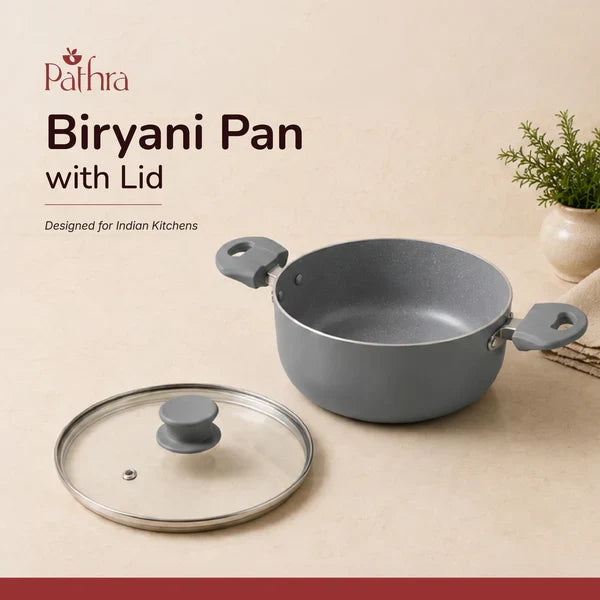 Grey non-stick 4300ml biryani pan with a toughened glass lid and side handles