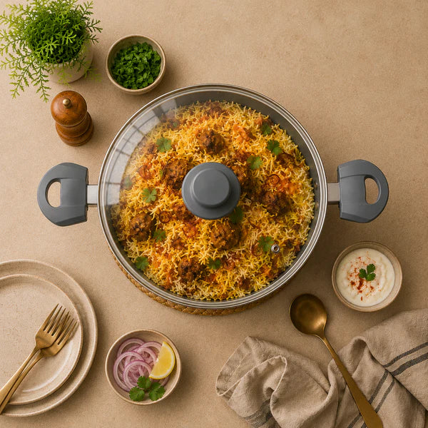 Grey Non-Stick Biryani Pan with Toughened Glass Lid, 4300ml
