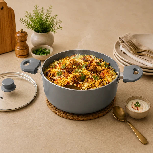 Grey Non-Stick Biryani Pan with Toughened Glass Lid, 4300ml