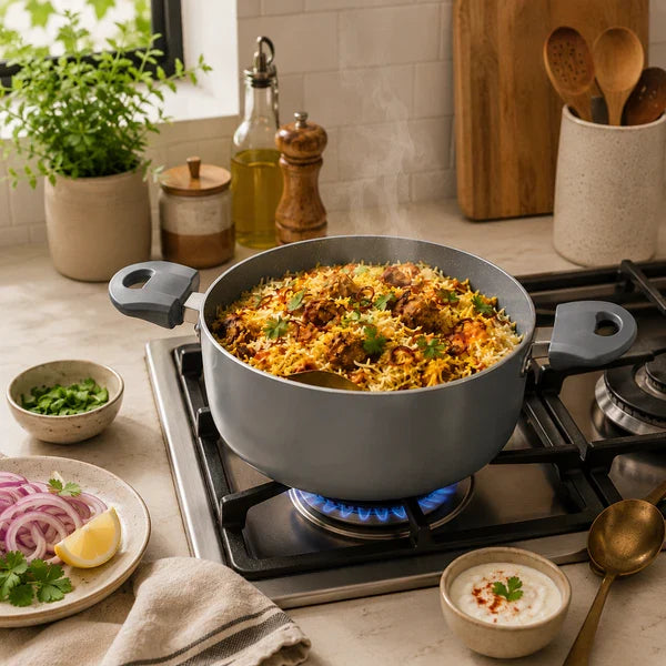 Grey Non-Stick Biryani Pan with Toughened Glass Lid, 4300ml