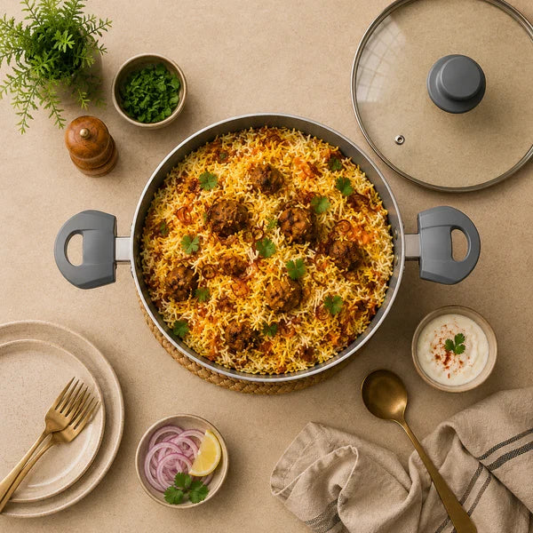 Grey Non-Stick Biryani Pan with Toughened Glass Lid, 4300ml