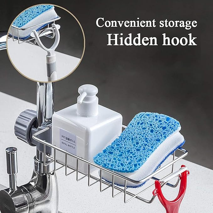 Stainless steel kitchen faucet sponge holder mounted on a sink pipe