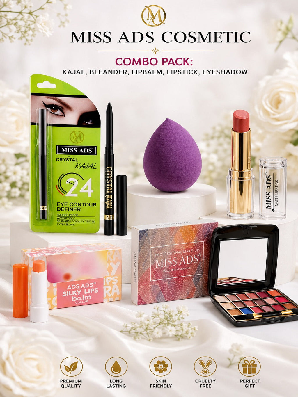 A five-piece makeup set featuring a black kajal, lipstick, lip balm, eyeshadow palette, and a blending sponge.