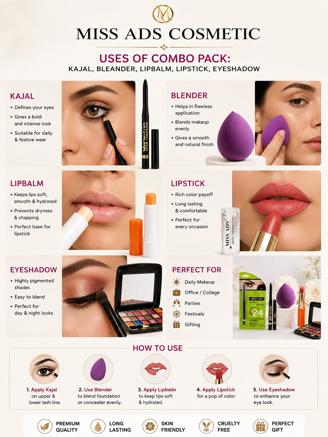 Cosmetic Beauty Set with Kajal, Lipstick, Lip Balm, Eye Shadow, and Blender
