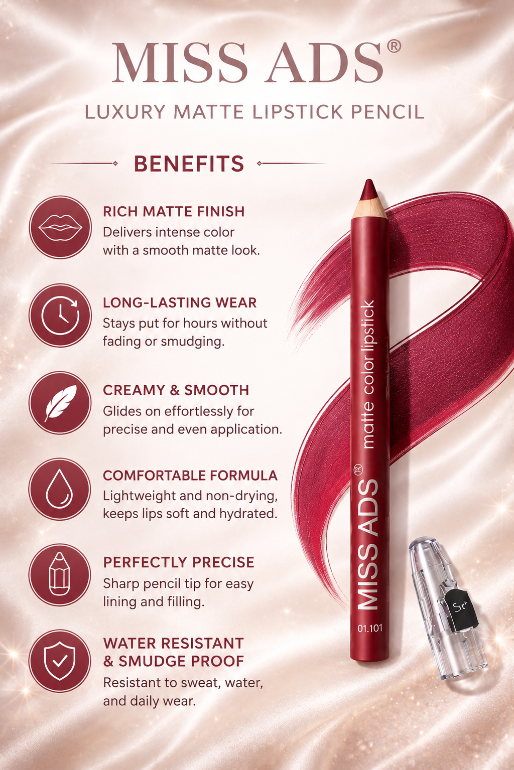 MISS ADS Long Lasting Matte Pencil Lipstick - Highly Pigmented Velvet Finish