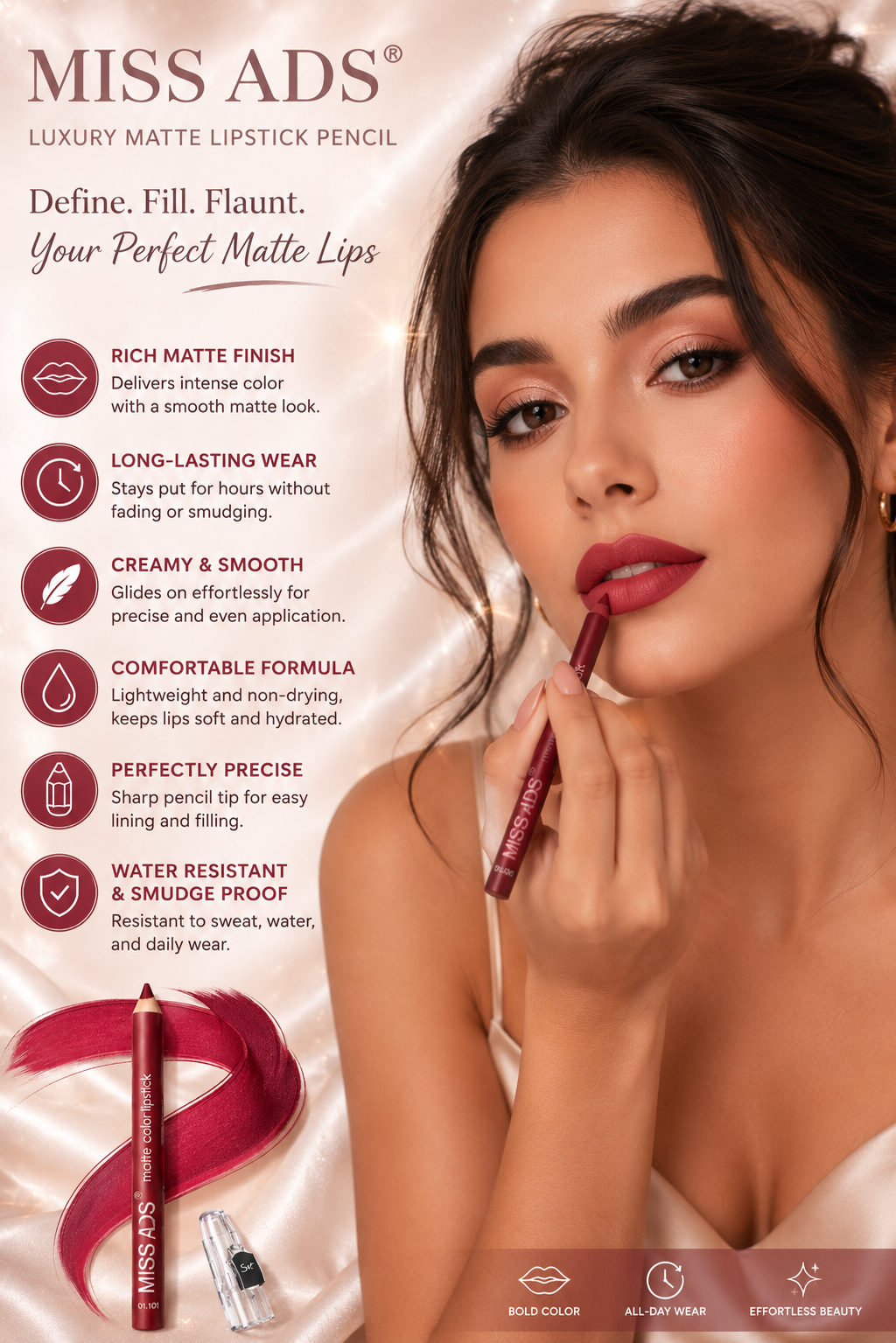 MISS ADS Long Lasting Matte Pencil Lipstick - Highly Pigmented Velvet Finish