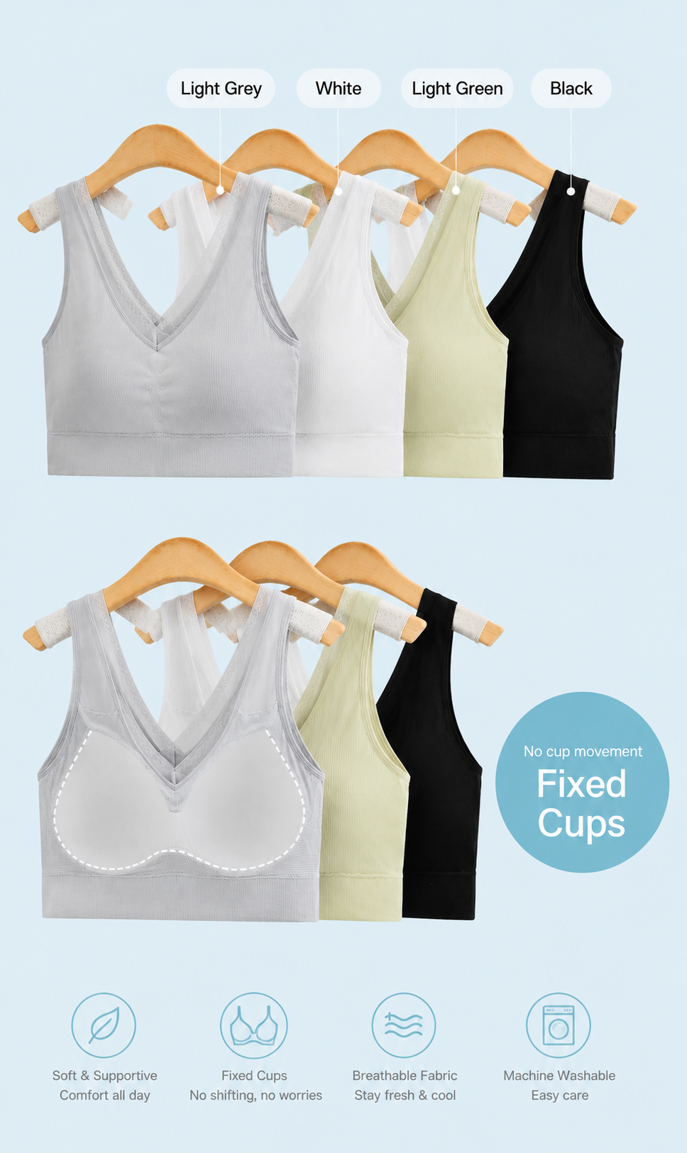 AuraFit wire-free non-padded bra in a neutral tone with adjustable straps and hook-and-eye closure