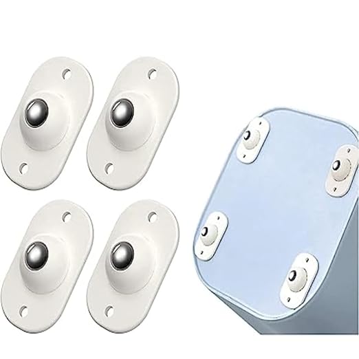 A set of four small white and grey swivel caster wheels with adhesive backing pads