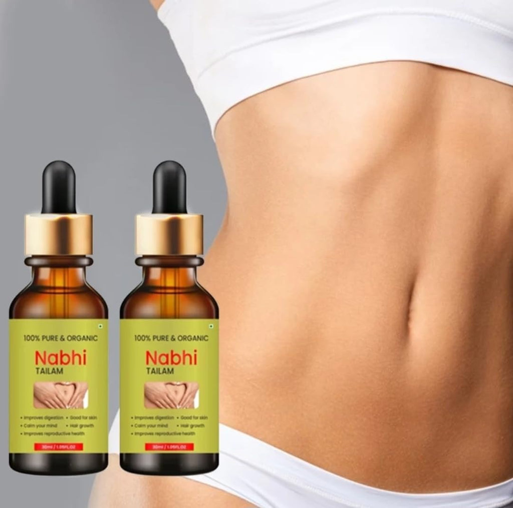 Two bottles of Nabhi Oil for navel therapy in a 30ml size pack.