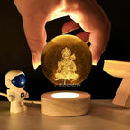Lord Hanuman 3D Laser-Engraved Crystal Ball LED Night Light with Wooden Base