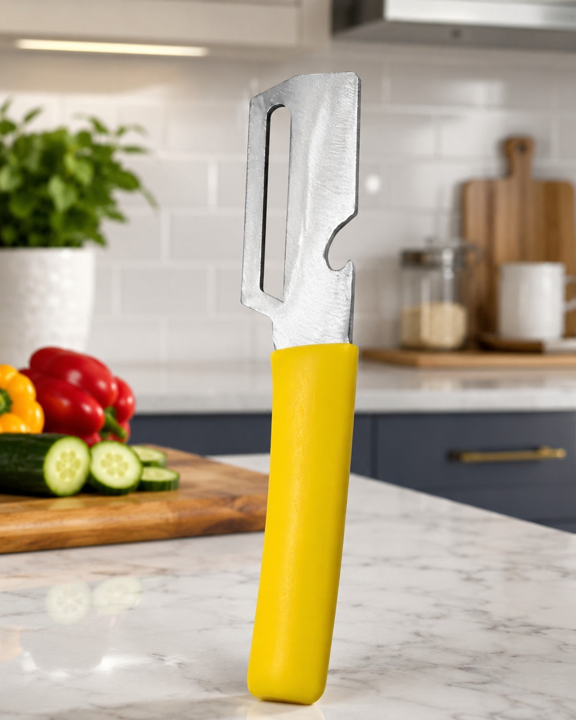 A stainless steel multifunctional peeling knife featuring an ergonomic handle and side potato eye remover