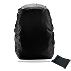 Black waterproof trekking bag cover with integrated storage pouch