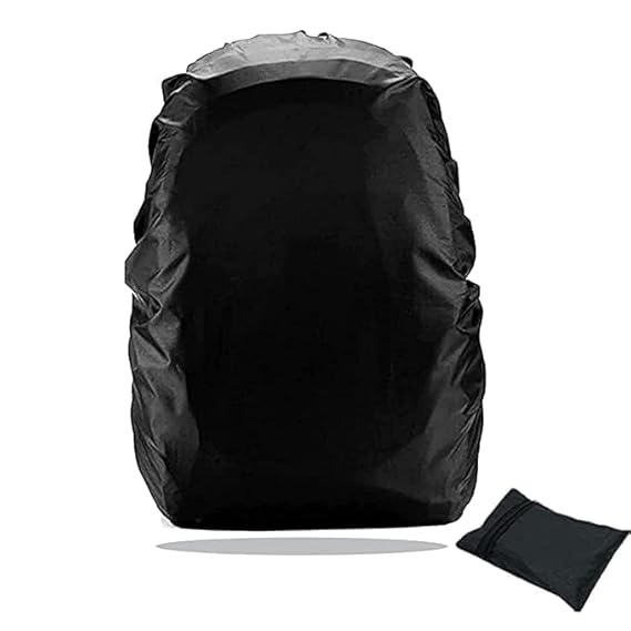 Black waterproof trekking bag cover with integrated storage pouch