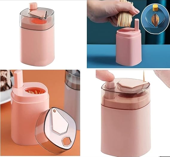 Square automatic toothpick dispenser with a white and transparent finish sitting on a wooden table