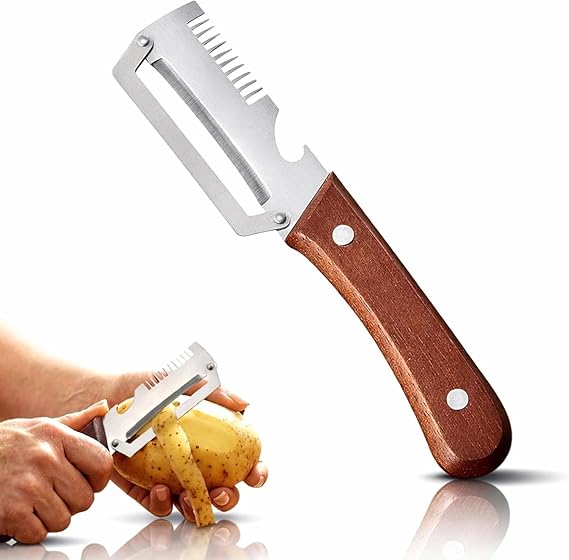 Close up of a 3-in-1 rotating vegetable peeler showing the stainless steel blades and ergonomic handle