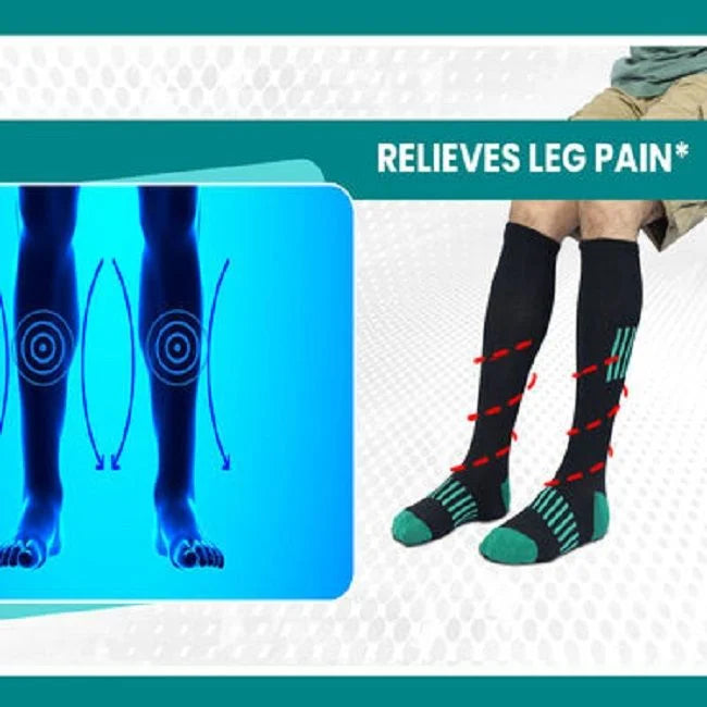 A pair of black graduated compression socks showing the anatomical stretch design