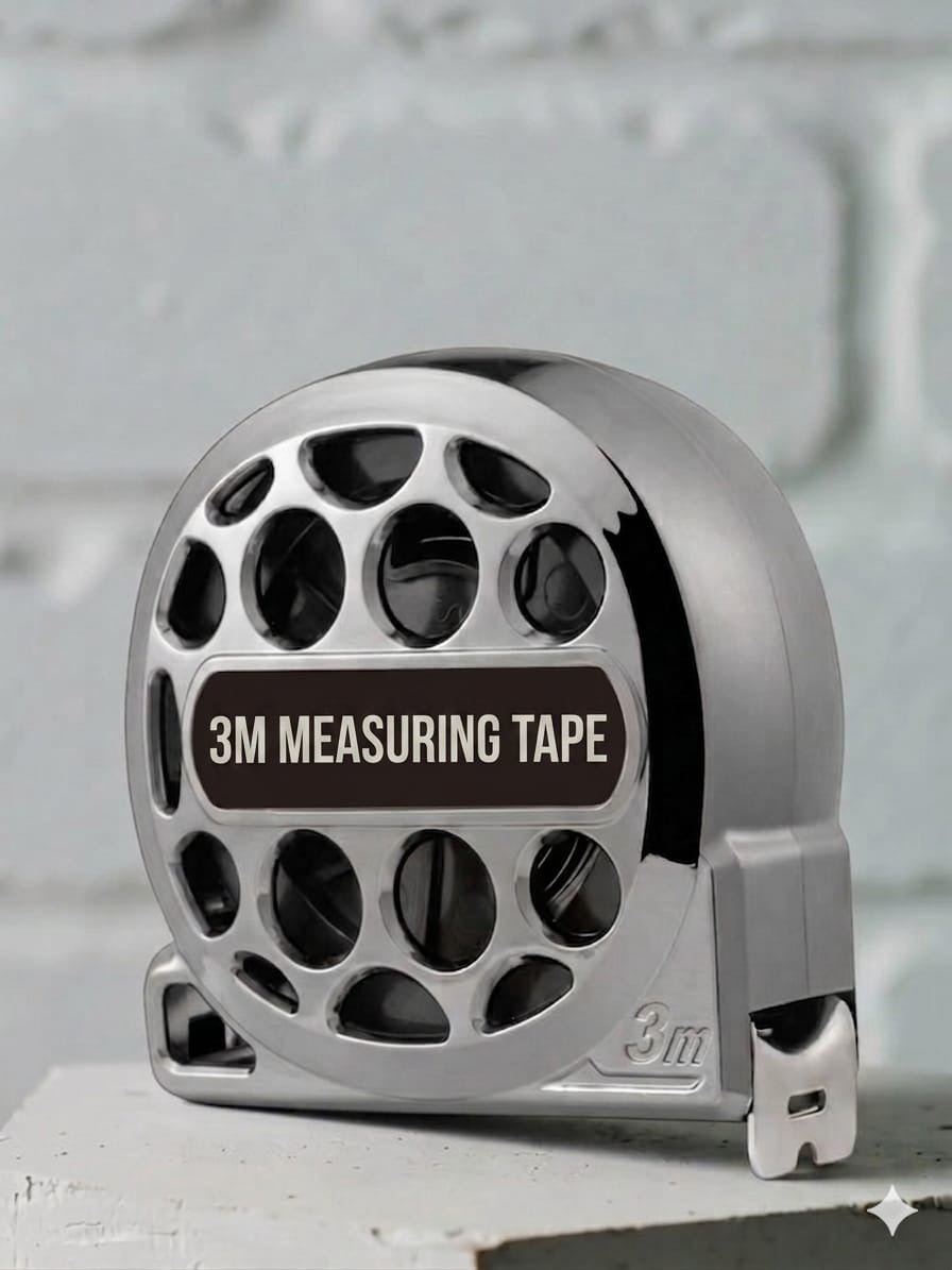 A portable 3-meter measuring tape with a metal blade and impact-resistant housing, featuring a belt clip and locking switch.