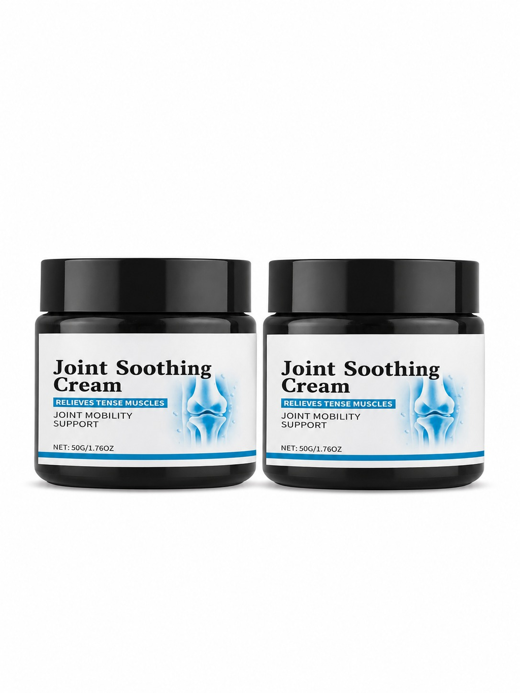 Two white containers of herbal joint soothing cream displayed on a neutral background.