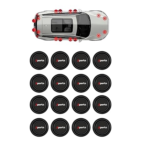 A set of twelve black circular car door shock absorber buffer cushions with adhesive backing