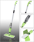 A spray mop with an integrated water tank and a rectangular microfiber cleaning pad