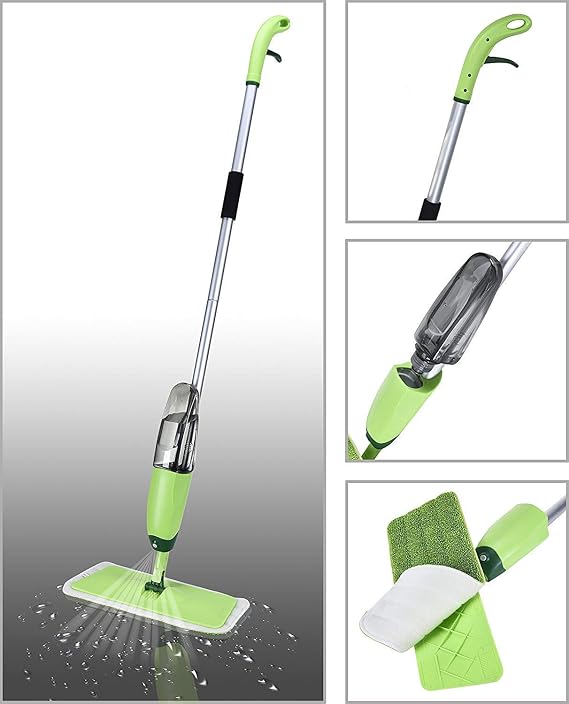 A spray mop with an integrated water tank and a rectangular microfiber cleaning pad