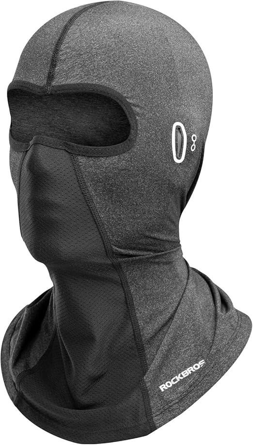 A black summer balaclava shown in a multi-functional layout for outdoor sports and motorcycle riding