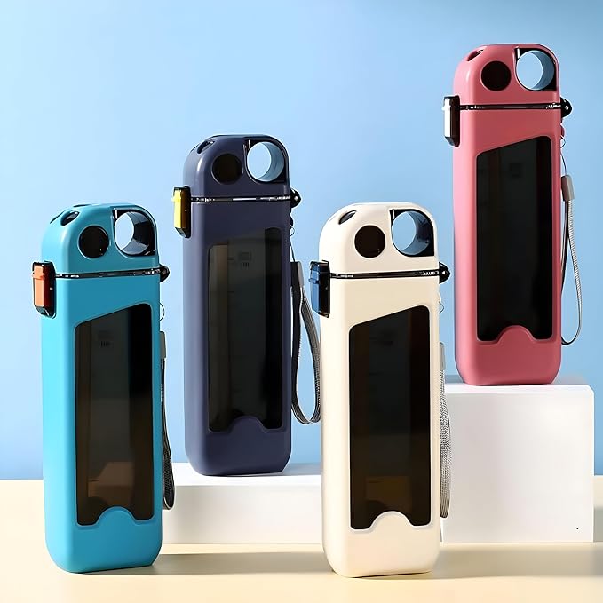A transparent slim flat square water bottle with measurement markings