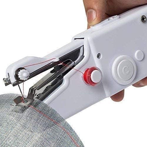 A portable battery-operated handheld sewing machine on a white background.