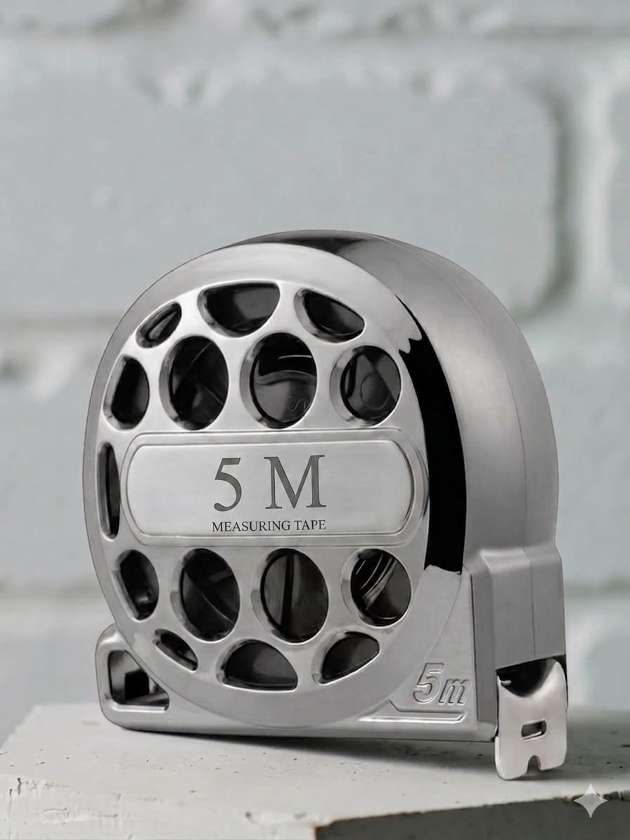 A 5-meter portable measuring tape with a metal blade and a sturdy casing.