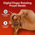 Close up of a compact digital finger counter with an adjustable strap and clear LCD screen