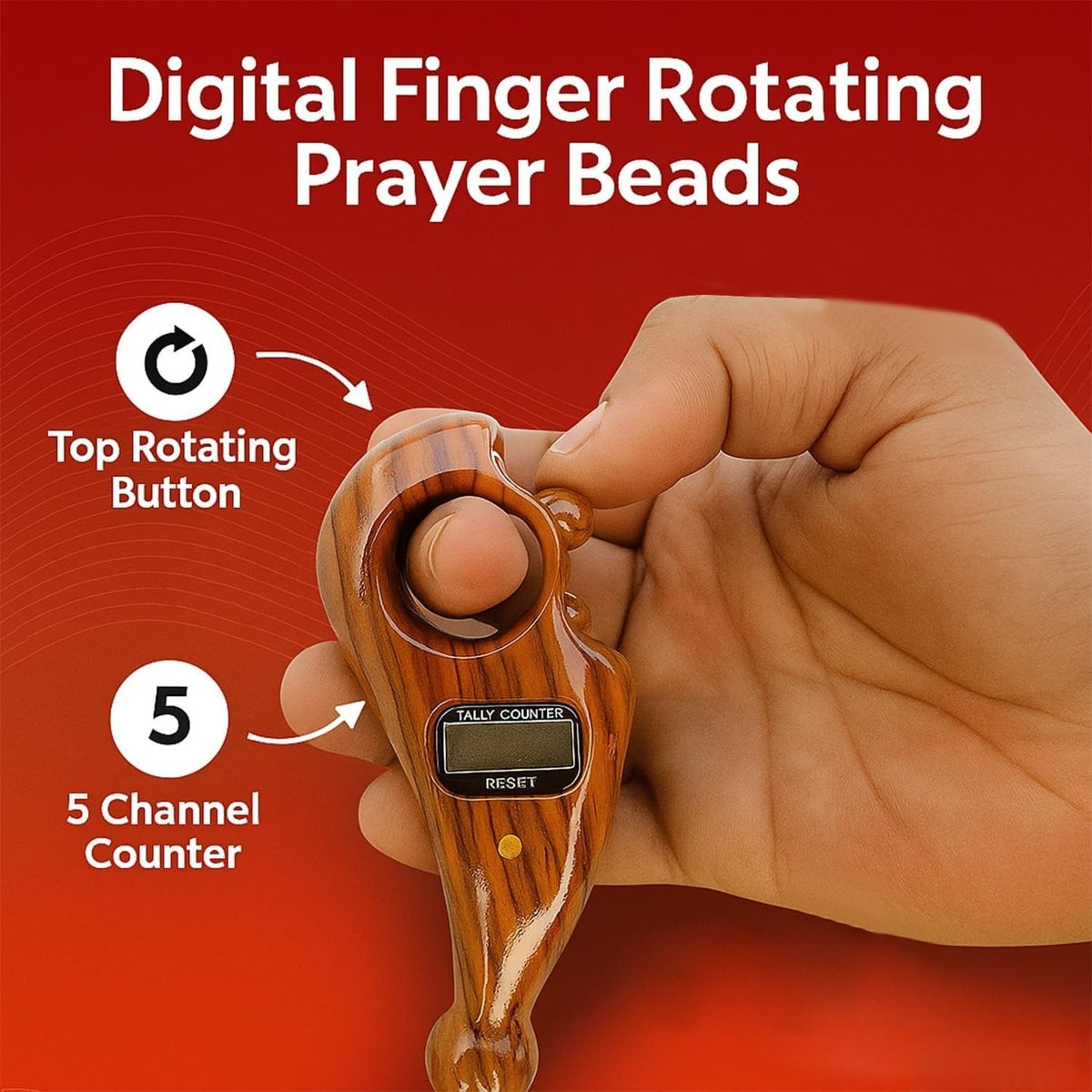 Close up of a compact digital finger counter with an adjustable strap and clear LCD screen