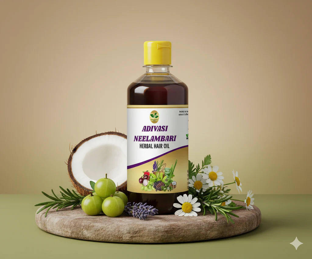 A 100ml bottle of Adivasi Neelambari Herbal Hair Oil with herbal ingredients
