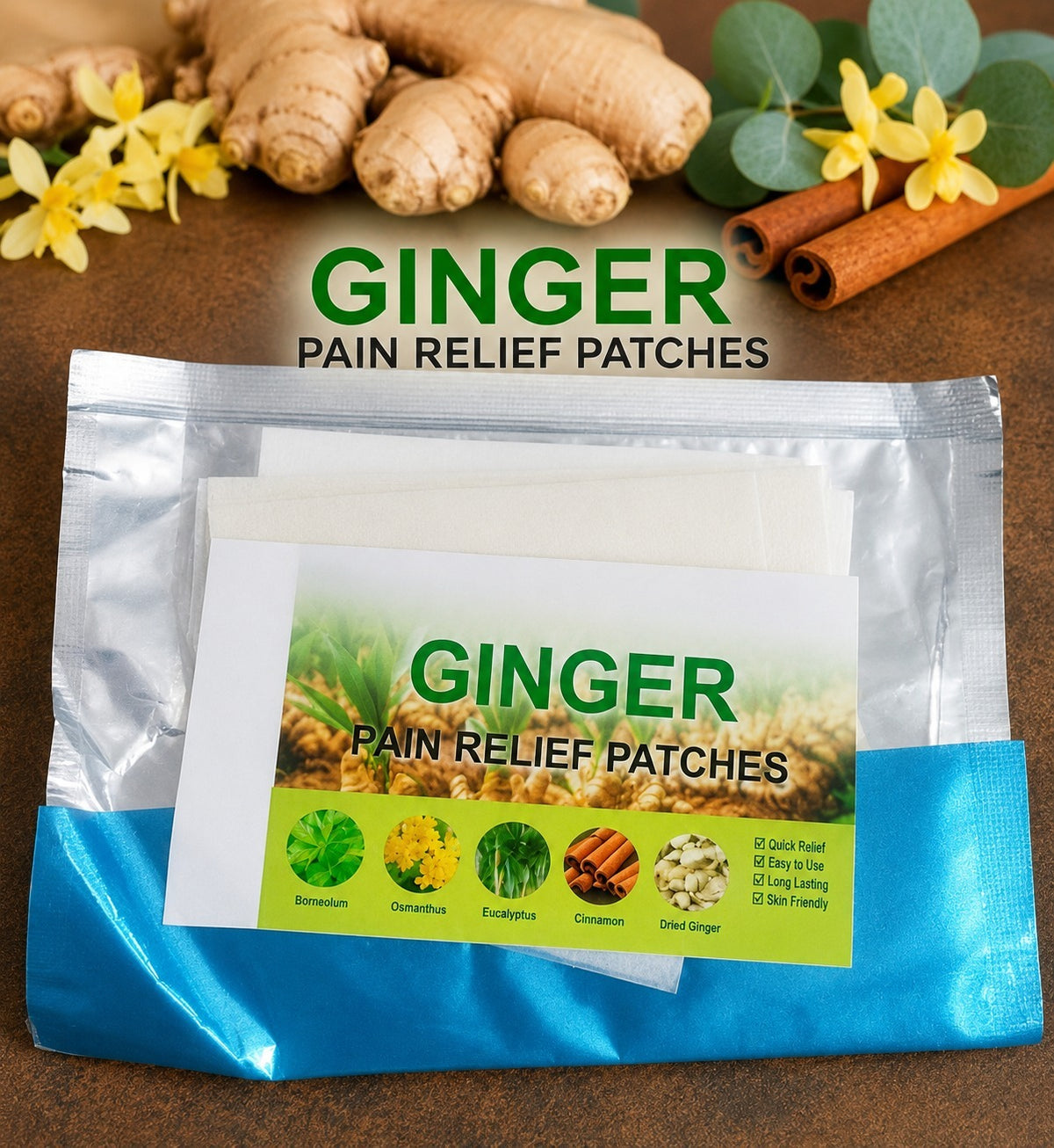 Ginger pain relief patches in a box set of 20 units
