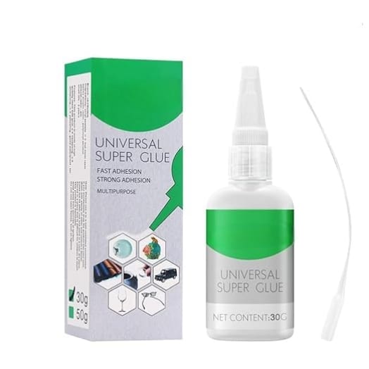 Two bottles of universal cyanoacrylate adhesive with precision nozzles for household repair tasks.